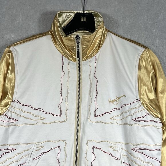 VTG Pepe Jeans London Bomber Varsity Jacket Reversible Gold Satin Women’s LARGE - Picture 12 of 15